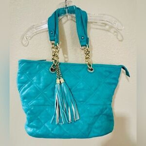 Big Buddha Turquoise Quilted Floral Glam Bag with Gold Chain Accents Luxury